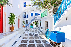 Mykonos, Greece - Cobblestone alley whitewashed village, Greek Islands