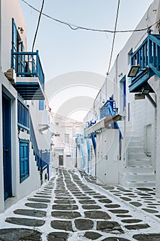 Mykonos Greece Island with whitewashed building at the streets of little Venice Mykonos