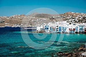 Mykonos Greece Island with whitewashed building at the streets of little Venice Mykonos