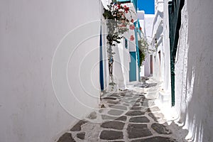 Mykonos, Greece. Traditional whitewashed buildings and narrow streets