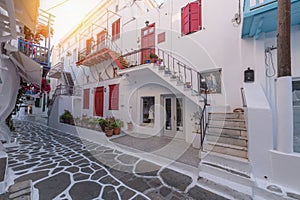 Mykonos, Greece Ã¢â¬â Typical Greek architecture in the white, cobbled alleys of Mykonos town, houses in the old town of mykonos.