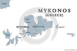 Mykonos, Greek island and part of the Cyclades, gray political map