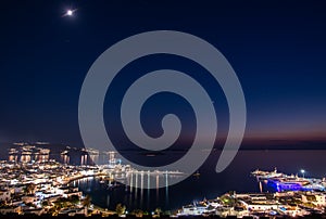Mykonos harbors panoramic night shoot at blue hour in Greece