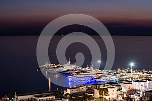 Mykonos harbours night shoot at blue hour in Greece