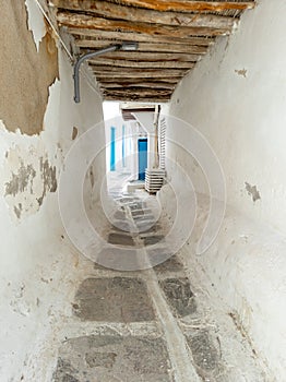 Mykonos island, Chora town, Greece. Cyclades architecture in white and blue. Vertical