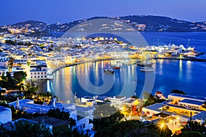 Mykonos island port with boats, Cyclades islands, Greece