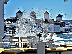 Mykonos Mills with the sea in the foreground