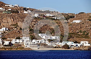 Mykonos seaside and traditional Greek bulidings