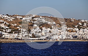 Mykonos seaside and traditional Greek bulidings