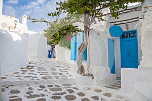 Mykonos streetview with blue door and trees, Greece