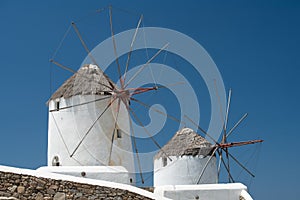 Mykonos windmill close up in summer time Greece