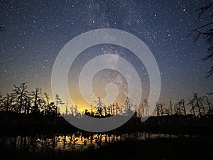 Milky way Night sky stars observing over lake photo