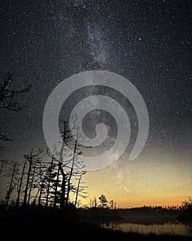 Milky way Night sky stars observing over lake photo