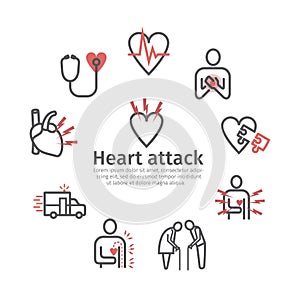 Myocardial infarction banner, icon. Symptoms, Treatment. Vector signs