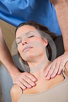 Myofascial therapy on beautiful woman shoulders