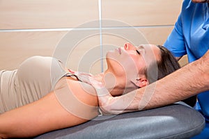 Myofascial therapy technique with therapist hands in woman