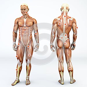 Myofascial trigger points, are hyperirritable spots in the fascia surrounding skeletal muscle. Front and back view of a man photo