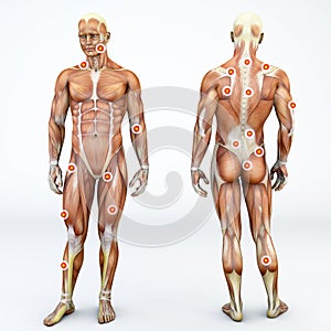 Myofascial trigger points, are hyperirritable spots in the fascia surrounding skeletal muscle. Front and back view of a man