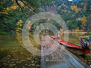 Myojin pond at Hotaka Rear shrine in Kamikochi, Nagano, Japan