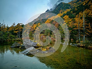 Myojin pond at Hotaka Rear shrine in Kamikochi, Nagano, Japan