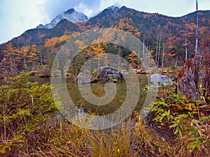 Myojin pond at Hotaka Rear shrine in Kamikochi, Nagano, Japan