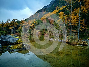 Myojin pond at Hotaka Rear shrine in Kamikochi, Nagano, Japan