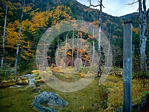 Myojin pond at Hotaka Rear shrine in Kamikochi, Nagano, Japan