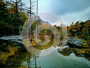 Myojin pond at Hotaka Rear shrine in Kamikochi, Nagano, Japan