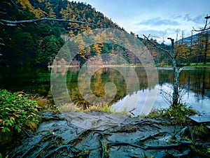 Myojin pond at Hotaka Rear shrine in Kamikochi, Nagano, Japan