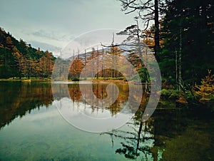 Myojin pond at Hotaka Rear shrine in Kamikochi, Nagano, Japan