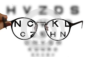 Myopia correction glasses on the eye chart letters photo