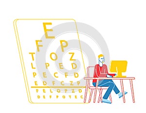 Myopia and Eyes Disease Concept. Male Character Sit at Desk Working on Computer in Office with Huge Eye Sight