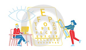 Myopia and Eyes Disease Concept. Male Character Sit at Desk Working on Computer in Office, Woman Carry Huge Eyeglasses
