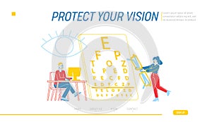 Myopia and Eyes Disease Landing Page Template. Male Character Sit at Desk Work on Computer in Office