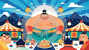 A myriad of food stalls and colorful decorations provide the backdrop as the sumo wrestlers engage in an epic clash of