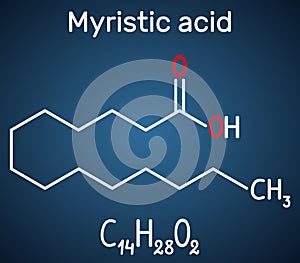 Myristic tetradecanoic acid molecule. It is saturated fatty acid. Structural chemical formula and molecule model on the dark
