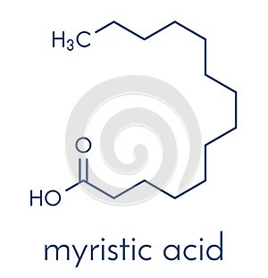 Myristic tetradecanoic acid saturated fatty acid molecule. Skeletal formula.