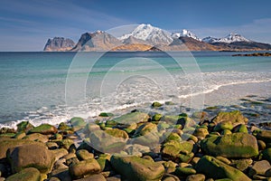 Myrland beach in Lofoten/Norway in nice weather with blue sky.