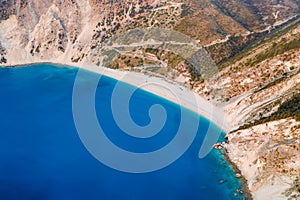 Myrtos beach with blue bay on Kefalonia Island, Greece