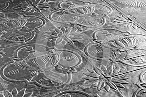 Myshkin, Russia, July 9, 2023. Cast iron floor slabs of an old church.