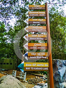 Closeup of Zoo Path and Animals location Directions, Sign and Symbol in Mysore Zoo. Animal Names in a Kannada and English Language