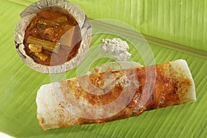 Mysore Masala Dosa Stuffed With potato Masala, Chutney And Sambhar