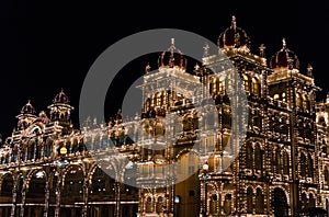 Mysore Palace illuminated by thousands of lightbulbs. Mysore, Karnataka, India