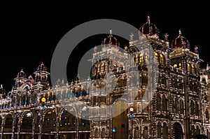 Mysore Palace illuminated by thousands of lightbulbs. Mysore, Karnataka, India