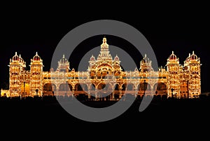 Mysore Palace in India illuminated at night