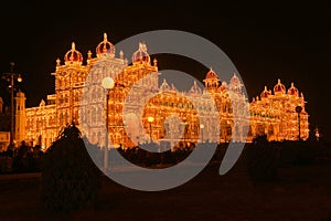 Mysore Palace in India illuminated at night