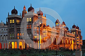 Mysore Palace in India illuminated at night photo