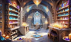 Mysterious alchemy room shimmering with magical gems. Amulets concept. Fairy tale background. Extra wide banner. AI