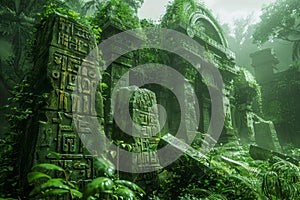 Mysterious Ancient Ruins in a Lush Green Forest with Mist and Sunlight Filtering Through Trees