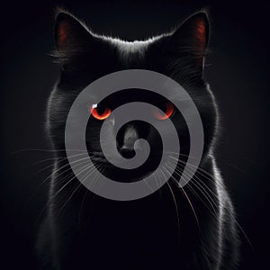 a mysterious angry black cat with piercing red eyes against a dark backdrop black background. ai generative
